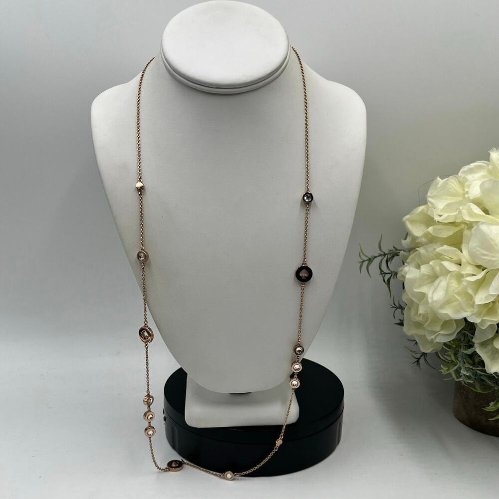 Kate Spade Spot The Spade‎ Long Rose Gold Bezel Crystal Spade Station Necklace